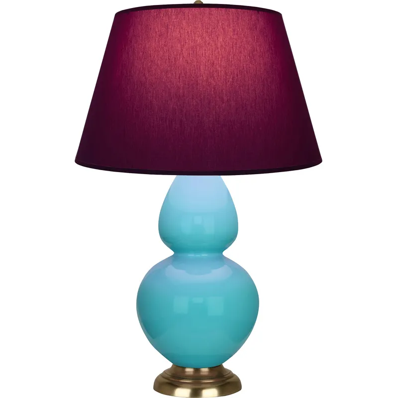 Double Gourd 31 inch 150 watt Egg Blue Glazed Ceramic with Antique Natural Brass Table Lamp Portable Light in Plum with Lavender