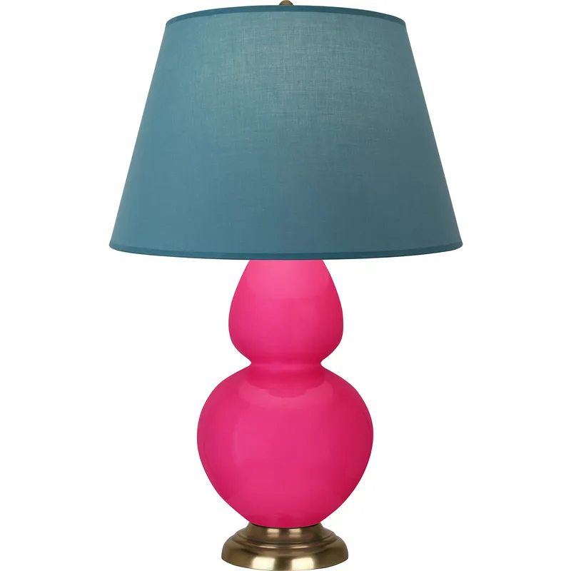 Double Gourd 31 inch 150 watt Razzle Rose Glazed Ceramic with Antique Natural Brass Table Lamp Portable Light in Bright Blue with Gray