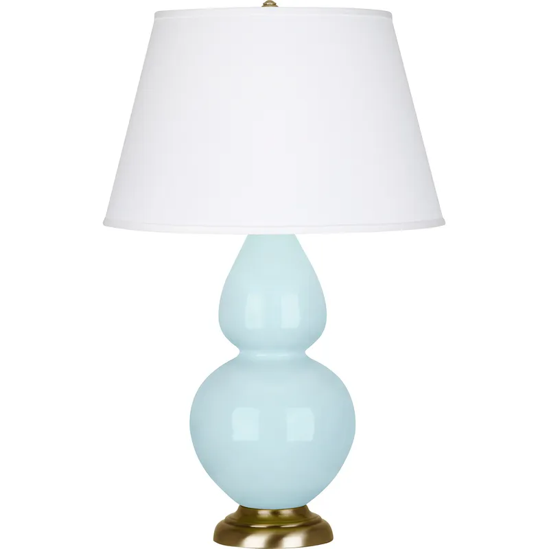 Double Gourd 31 inch 150 watt Baby Blue Glazed Ceramic with Antique Natural Brass Table Lamp Portable Light in Pearl Dupioni