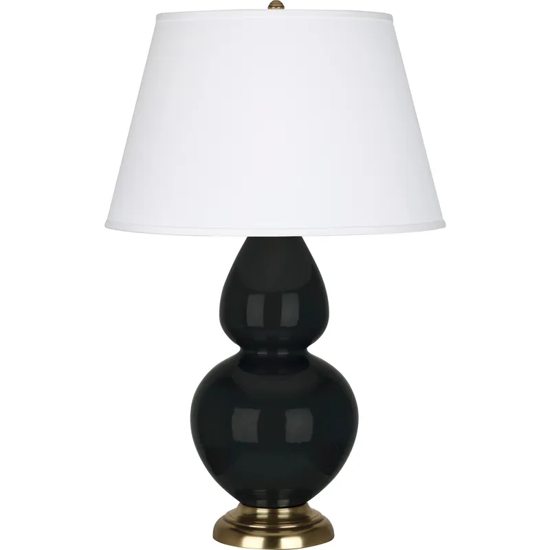 Double Gourd 31 inch 150 watt Obsidian Glazed Ceramic with Antique Natural Brass Table Lamp Portable Light in Pearl Dupioni