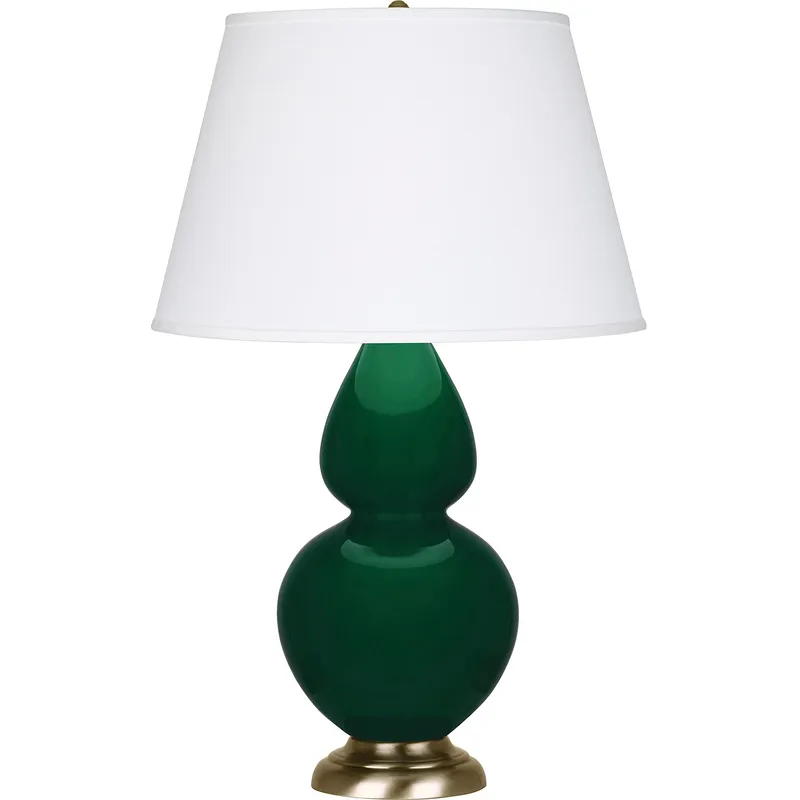 Double Gourd 31 inch 150 watt Jungle Glazed Ceramic with Antique Natural Brass Table Lamp Portable Light in Pearl Dupioni