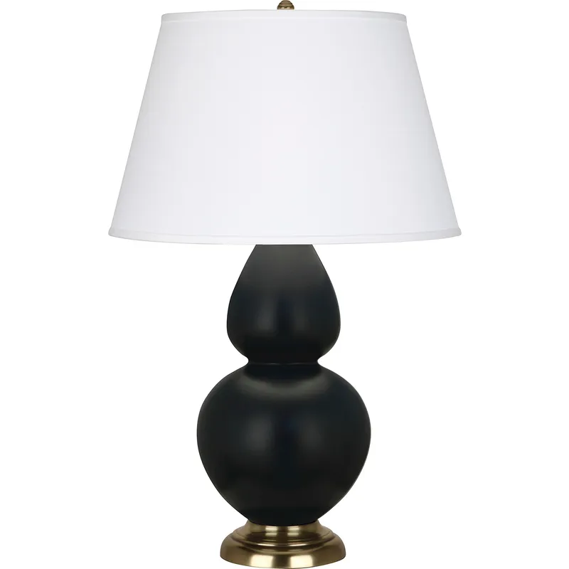 Double Gourd 31 inch 150 watt Matte Obsidian Glazed Ceramic with Antique Natural Brass Table Lamp Portable Light in Pearl Dupioni