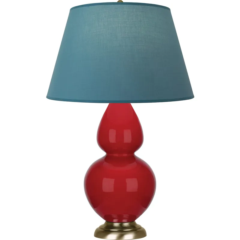 Double Gourd 31 inch 150 watt Ruby Red Glazed Ceramic with Antique Brass Table Lamp Portable Light in Bright Blue with Gray
