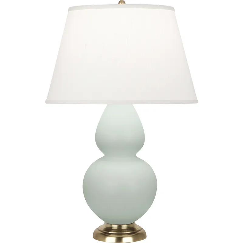 Double Gourd 31 inch 150 watt Matte Celadon Glazed Ceramic with Antique Brass Accents Table Lamp Portable Light in Pearl Dupioni