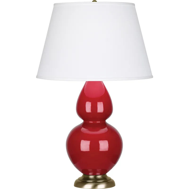 Double Gourd 31 inch 150 watt Ruby Red Glazed Ceramic with Antique Brass Table Lamp Portable Light in Pearl Dupioni