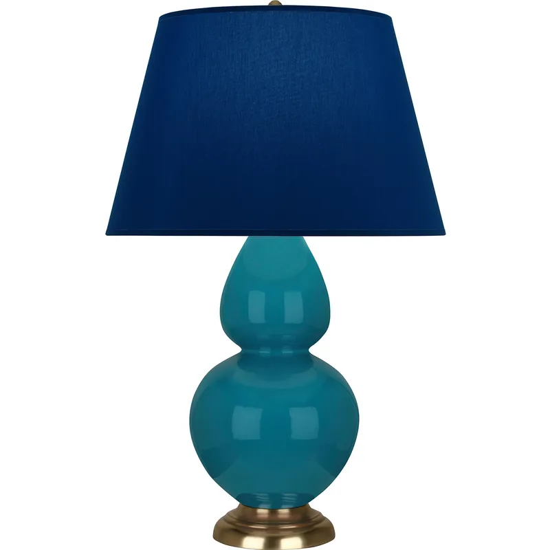 Double Gourd 31 inch 150 watt Peacock Glazed Ceramic with Antique Natural Brass Table Lamp Portable Light in Navy with Gray