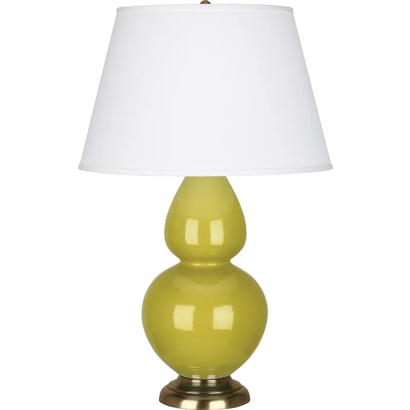 Double Gourd 31 inch 150 watt Citron Glazed Ceramic with Antique Brass Table Lamp Portable Light in Pearl Dupioni