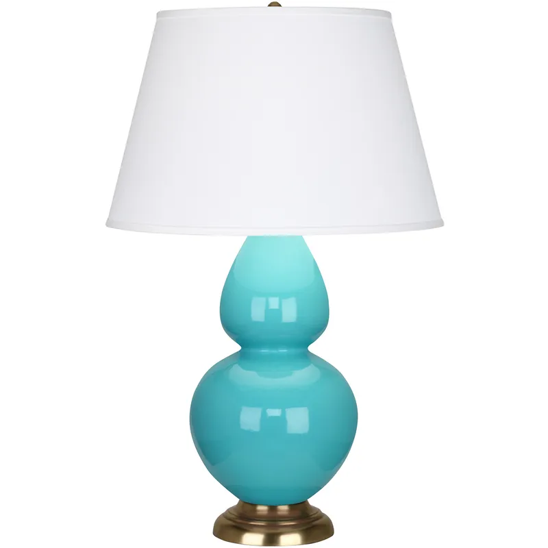 Double Gourd 31 inch 150 watt Egg Blue Glazed Ceramic with Antique Natural Brass Table Lamp Portable Light in Pearl Dupioni