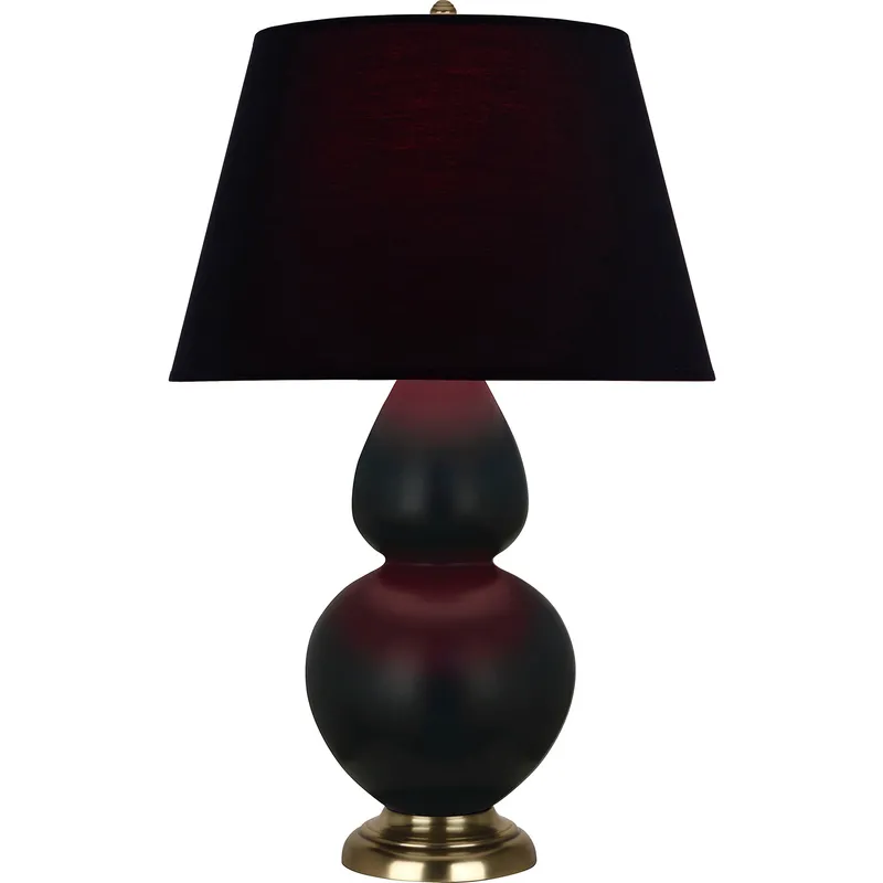 Double Gourd 31 inch 150 watt Matte Obsidian Glazed Ceramic with Antique Natural Brass Table Lamp Portable Light in Ink Black with Rose Red
