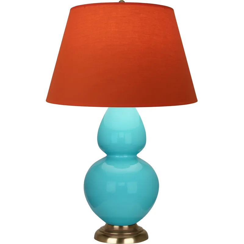 Double Gourd 31 inch 150 watt Egg Blue Glazed Ceramic with Antique Natural Brass Table Lamp Portable Light in Tangerine with Taupe
