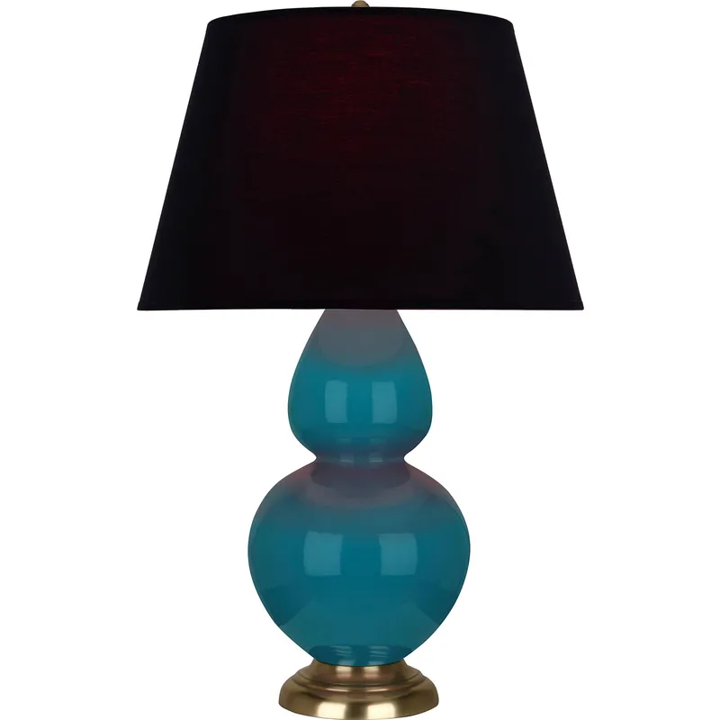 Double Gourd 31 inch 150 watt Peacock Glazed Ceramic Table Lamp Portable Light in Ink Black with Rose Red