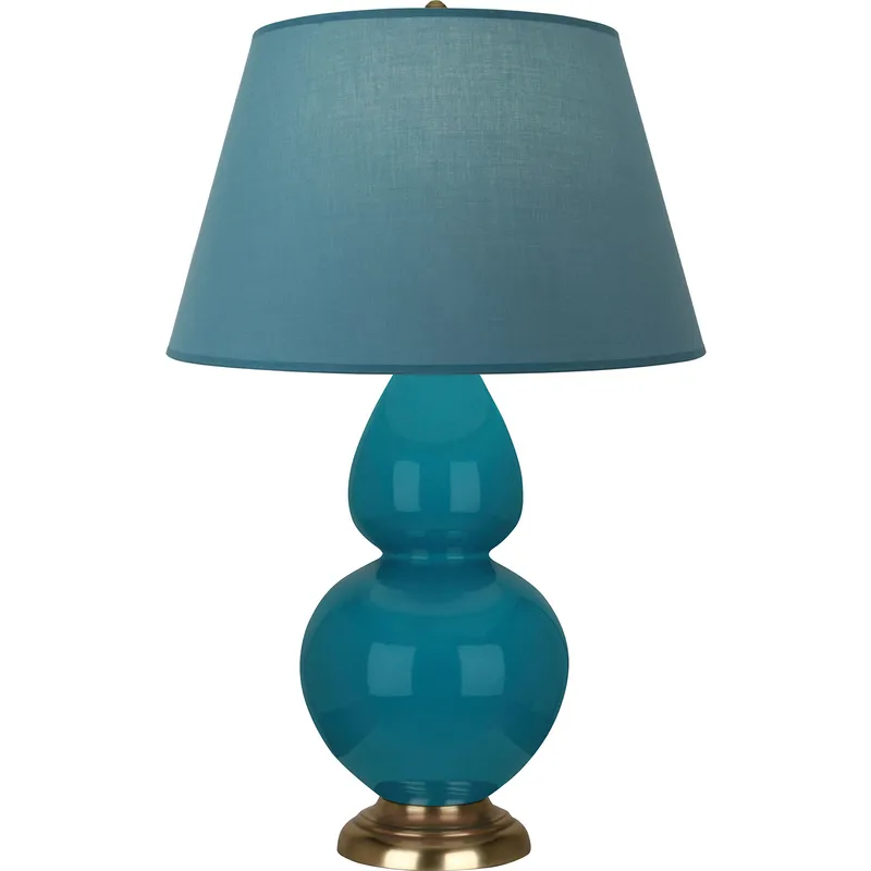 Double Gourd 31 inch 150 watt Peacock Glazed Ceramic with Antique Natural Brass Table Lamp Portable Light in Bright Blue with Gray