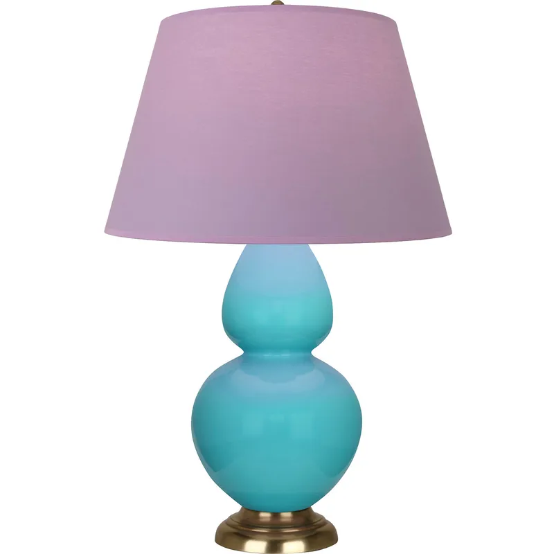 Double Gourd 31 inch 150 watt Egg Blue Glazed Ceramic with Antique Natural Brass Table Lamp Portable Light in Lavender with Plum