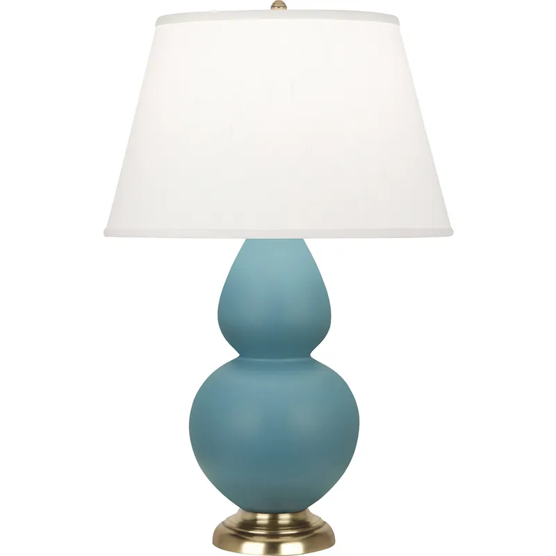 Double Gourd 31 inch 150 watt Matte Steel Blue Glazed Ceramic with Antique Brass Table Lamp Portable Light in Pearl Dupioni