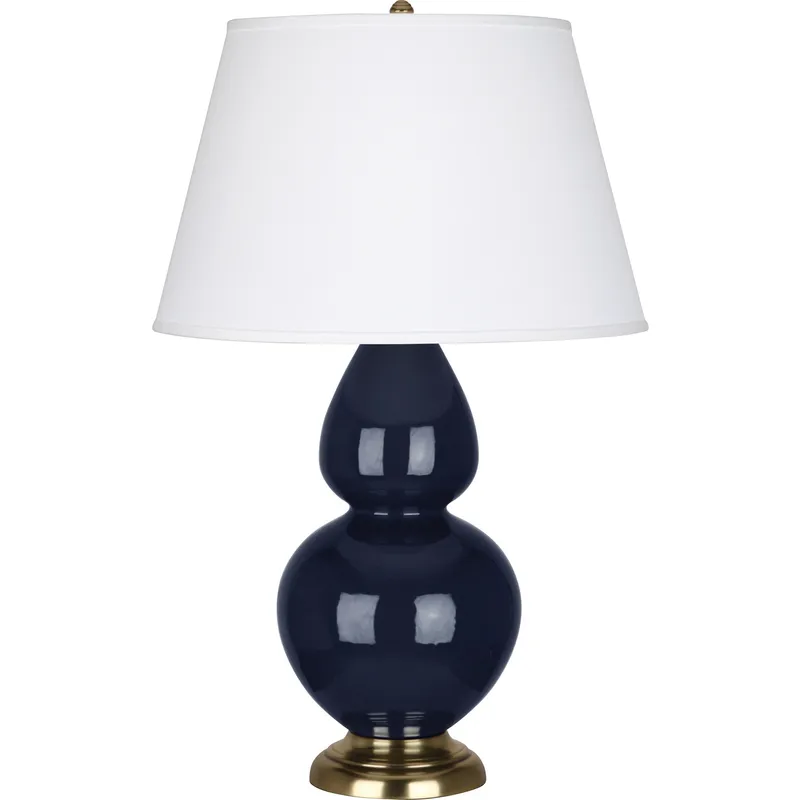 Double Gourd 31 inch 150 watt Midnight Blue Glazed Ceramic with Antique Brass Table Lamp Portable Light in Pearl Dupioni