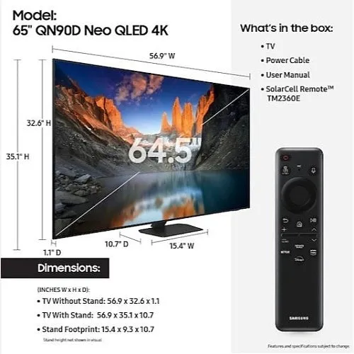 Samsung QN65QN90DAF QN90D Series 65 inch Class NEO QLED 4K Smart Tizen TV