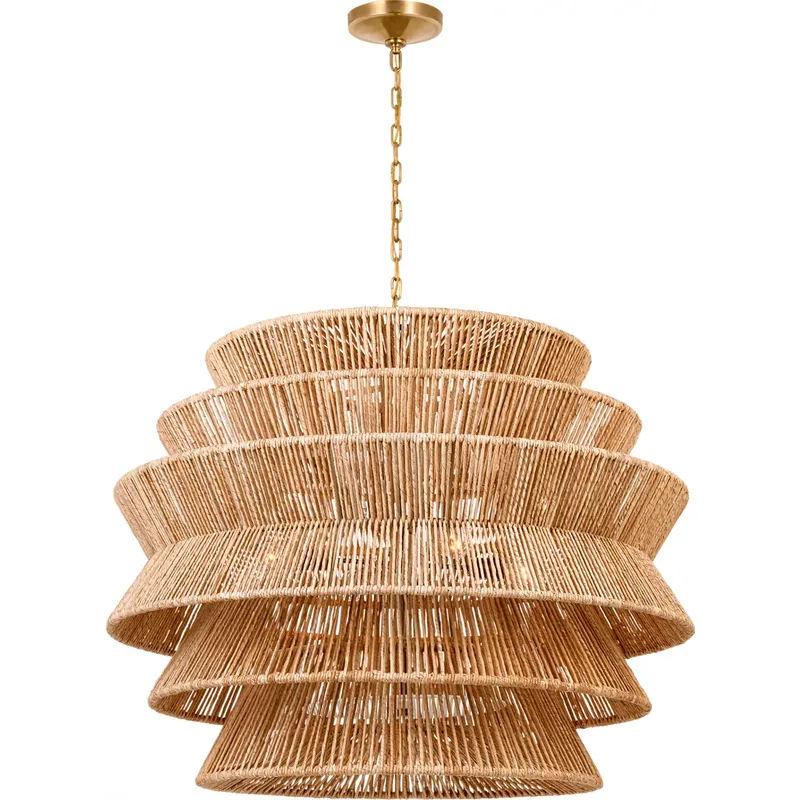 Chapman & Myers Antigua LED 42 inch Antique-Burnished Brass and Natural Abaca Drum Chandelier Ceiling Light, XL
