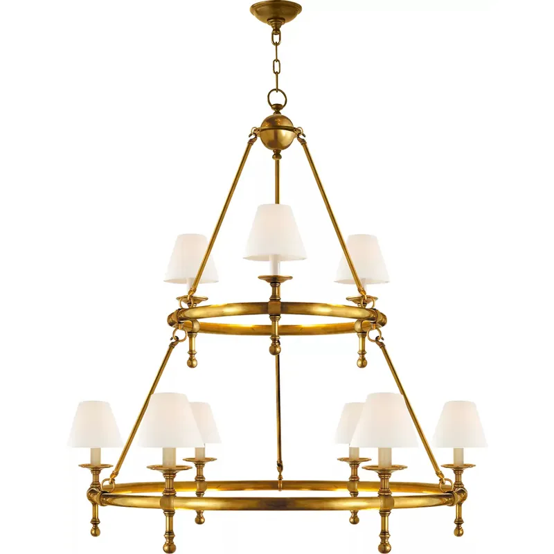 Chapman & Myers Classic2 9 Light 45 inch Hand-Rubbed Antique Brass Two-Tier Ring Chandelier Ceiling Light in Linen
