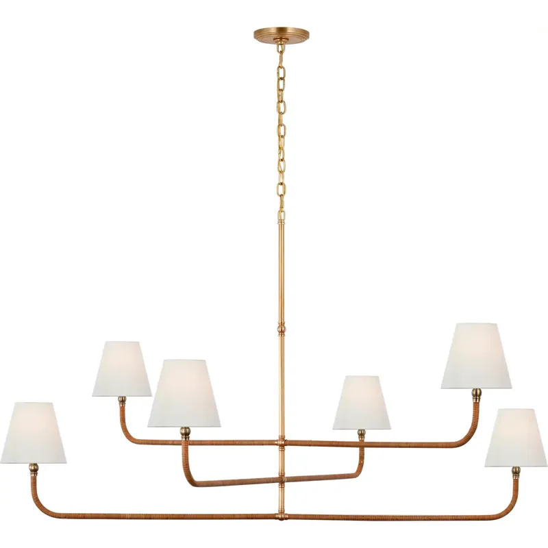 Chapman & Myers Basden LED 60 inch Antique-Burnished Brass and Natural Rattan Three Tier Chandelier Ceiling Light, Grande