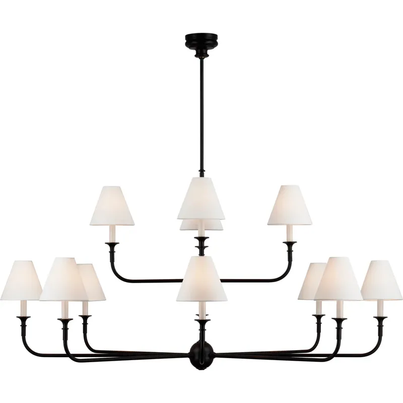 Thomas O'Brien Piaf LED 58 inch Aged Iron and Ebonized Oak Two-Tier Chandelier Ceiling Light, Grande