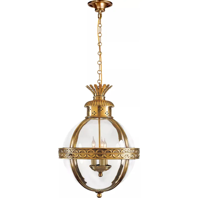 Chapman & Myers Crown Top Globe 3 Light 15 inch Antique-Burnished Brass Lantern Pendant Ceiling Light in Clear Glass