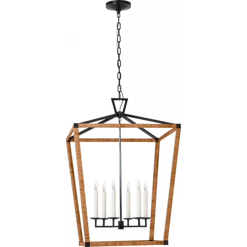 Chapman & Myers Darlana LED 29 inch Aged Iron and Natural Rattan Wrapped Lantern Ceiling Light, XL