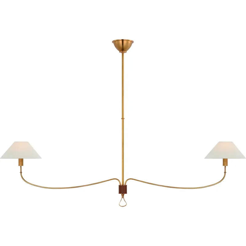 Amber Lewis Griffin LED 62 inch Hand-Rubbed Antique Brass and Saddle Leather Linear Chandelier Ceiling Light, Grande