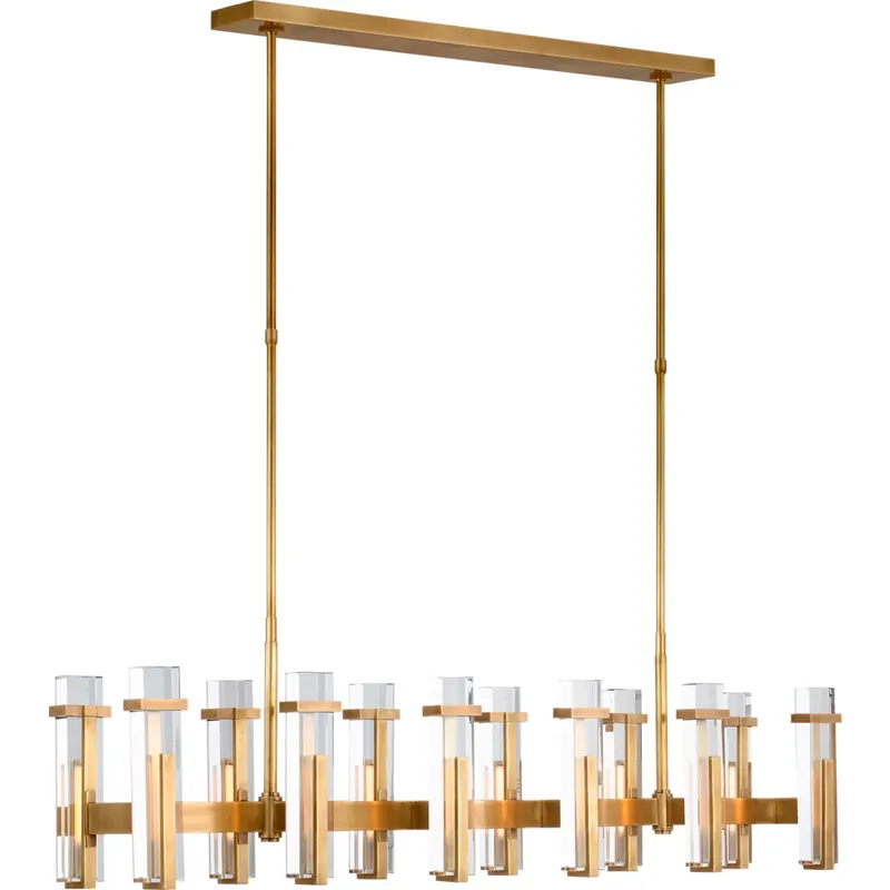 Ian K. Fowler Malik LED 54.75 inch Hand-Rubbed Antique Brass Linear Chandelier Ceiling Light in Clear Glass, Large