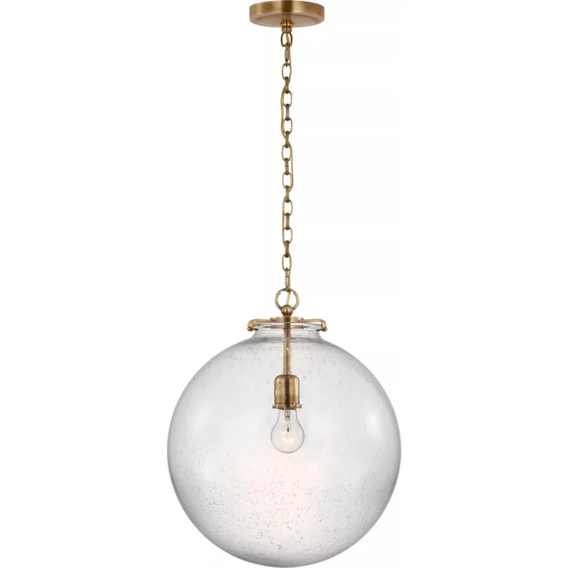 Thomas O'Brien Katie LED 16 inch Hand-Rubbed Antique Brass Globe Pendant Ceiling Light in Seeded Glass, Large