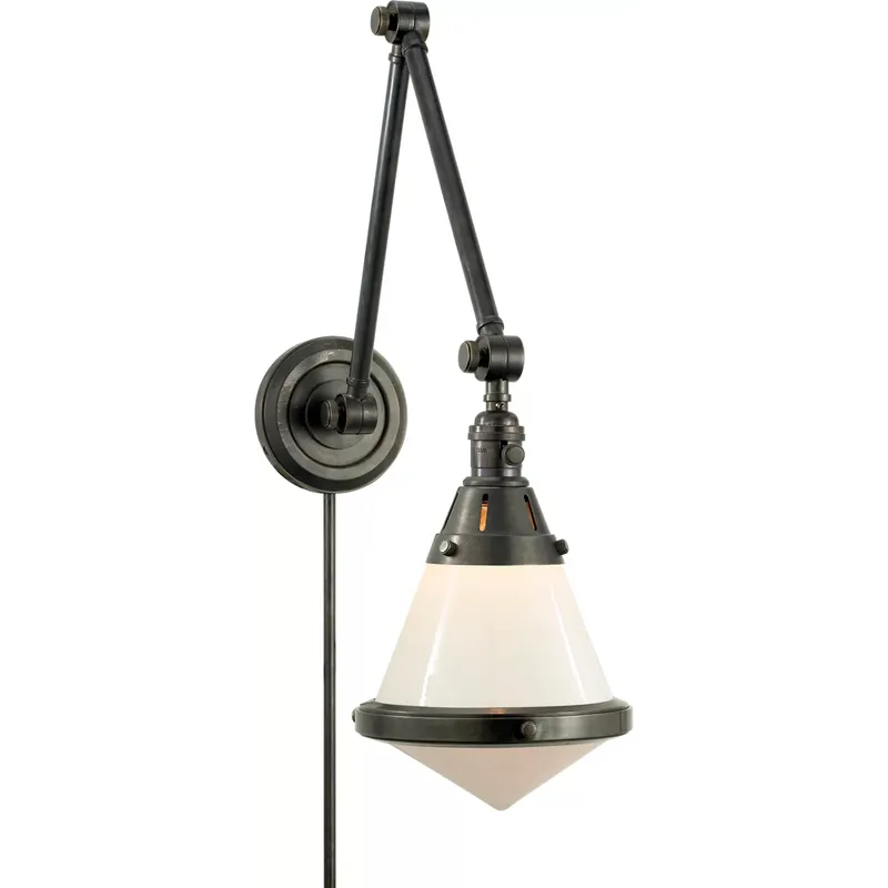 Thomas O'Brien Gale 17 inch 60 watt Bronze Swing Arm Wall Light in White Glass