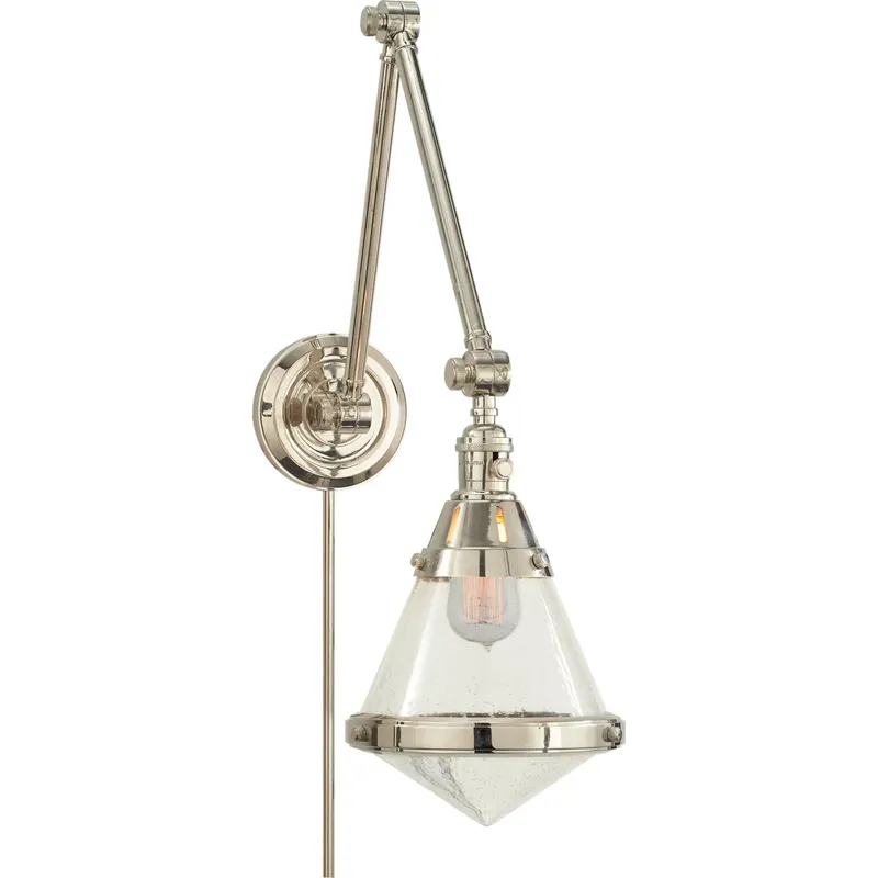 Thomas O'Brien Gale 17 inch 60 watt Polished Nickel Swing Arm Wall Light in Seeded Glass