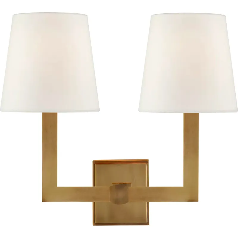 Chapman & Myers Square Tube 2 Light 15 inch Hand-Rubbed Antique Brass Double Sconce Wall Light in Linen 1