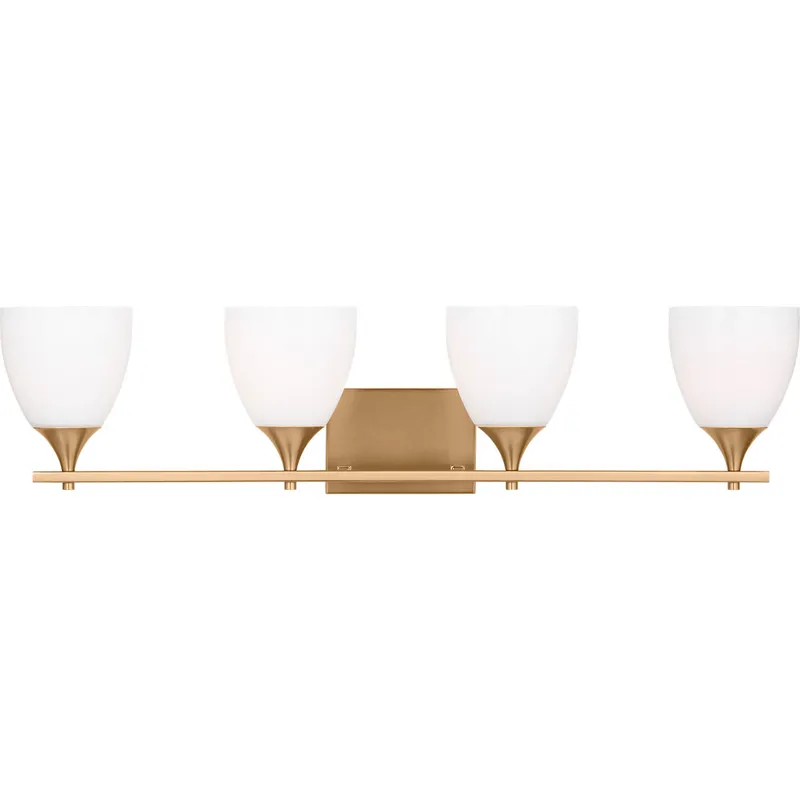 Drew & Jonathan Toffino 4 Light 36 inch Satin Brass Wall Bath Fixture Wall Light in Milk Glass