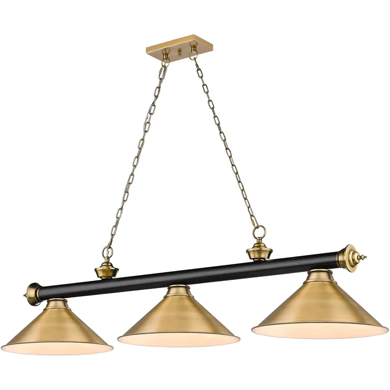 Cordon 3 Light 57.25 inch Matte Black and Rubbed Brass Billiard Ceiling Light in Rubbed Brass Metal