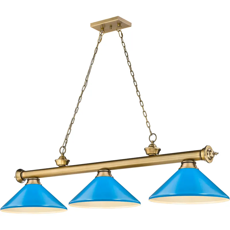 Cordon 3 Light 58 inch Rubbed Brass Billiard Ceiling Light in Electric Blue Steel