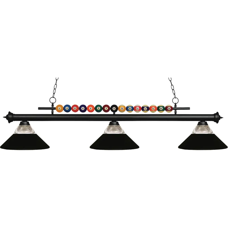 Shark 3 Light 58 inch Matte Black Billiard Ceiling Light in Clear Ribbed and Matte Black Glass and Steel