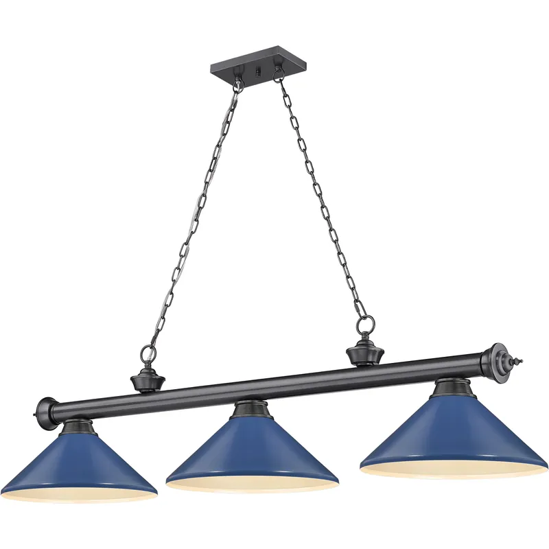 Cordon 3 Light 58 inch Bronze Plate Billiard Ceiling Light in Navy Blue Steel