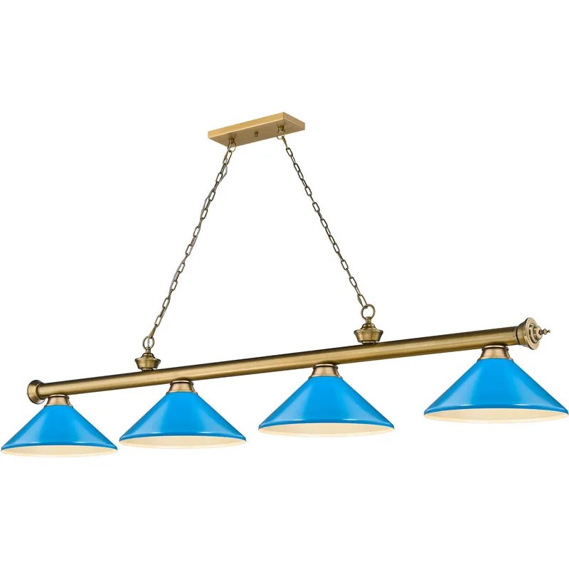 Cordon 4 Light 81.75 inch Rubbed Brass Billiard Ceiling Light in Electric Blue Steel