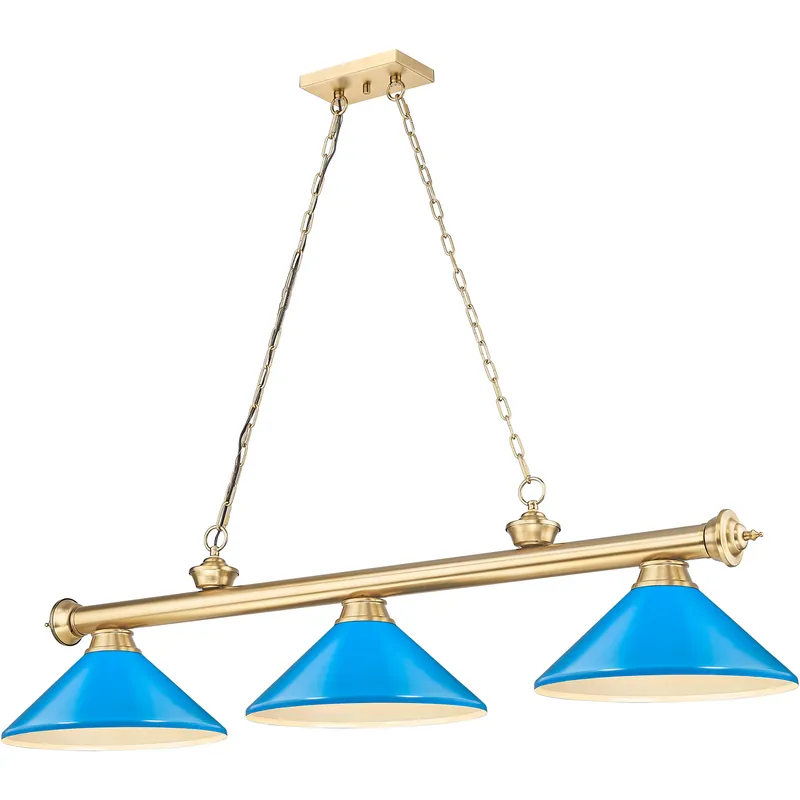 Cordon 3 Light 58 inch Heritage Brass Billiard Ceiling Light in Electric Blue