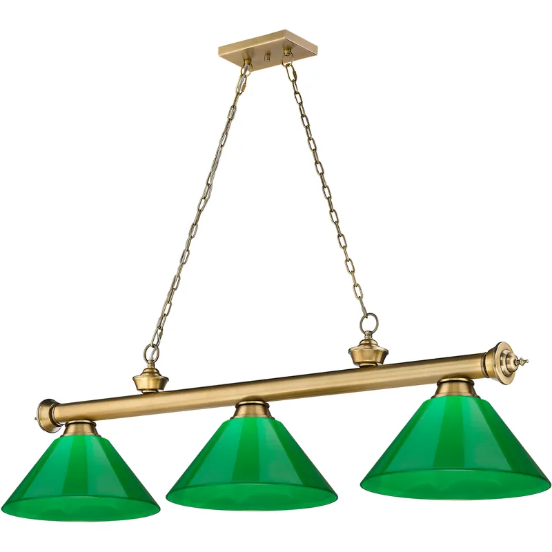 Cordon 3 Light 57.25 inch Rubbed Brass Billiard Ceiling Light in Green Plastic