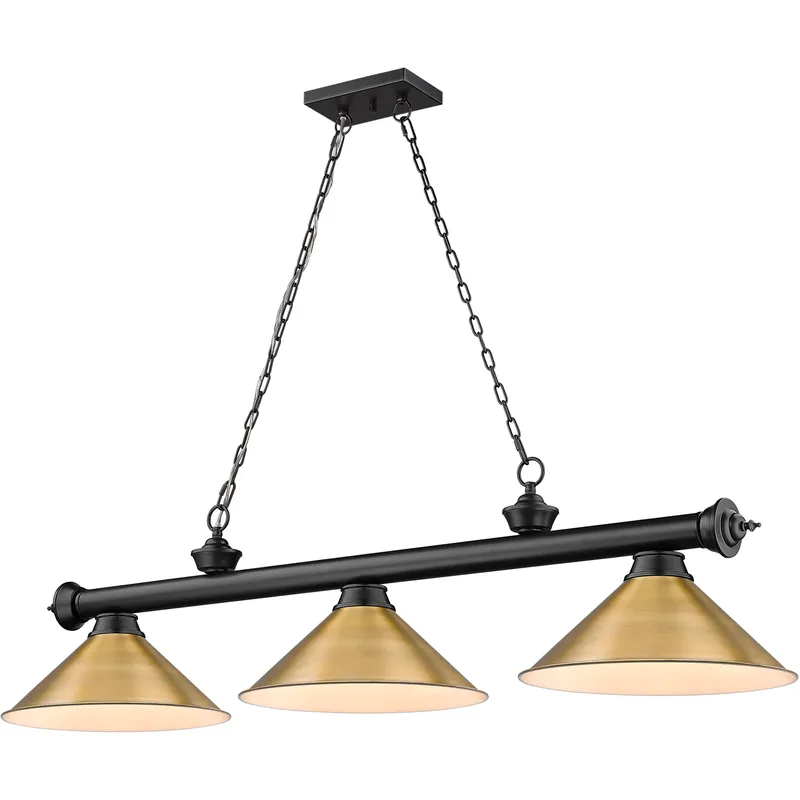 Cordon 3 Light 57.25 inch Matte Black Billiard Ceiling Light in Rubbed Brass Metal