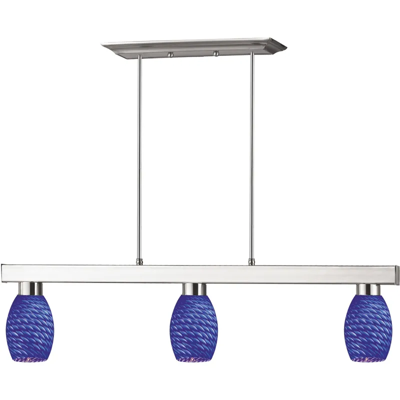 Players 3 Light 42 inch Brushed Nickel Billiard Ceiling Light in Blue Glass