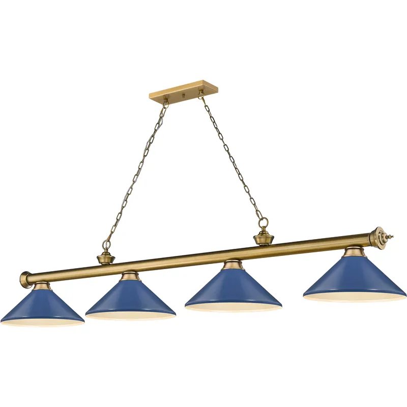 Cordon 4 Light 81.75 inch Rubbed Brass Billiard Ceiling Light in Navy Blue Steel