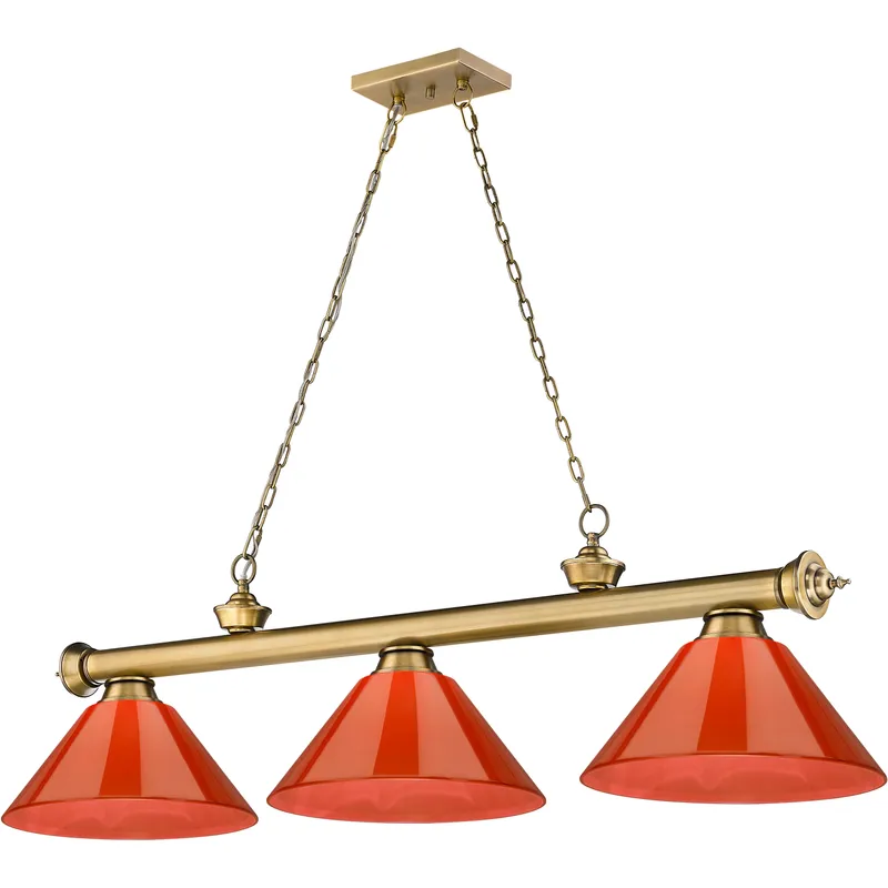 Cordon 3 Light 57.25 inch Rubbed Brass Billiard Ceiling Light in Red Plastic