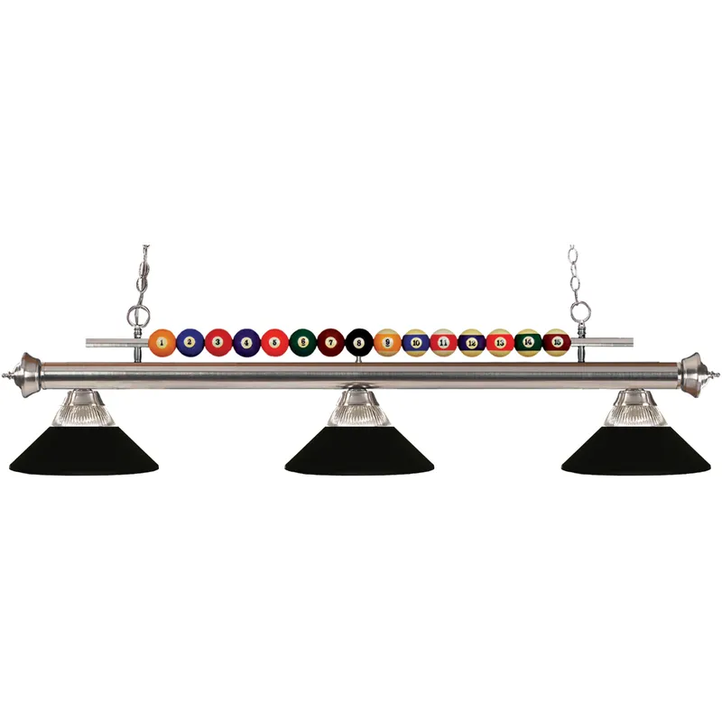 Shark 3 Light 58 inch Brushed Nickel Billiard Ceiling Light in Clear Ribbed and Matte Black Glass and Steel