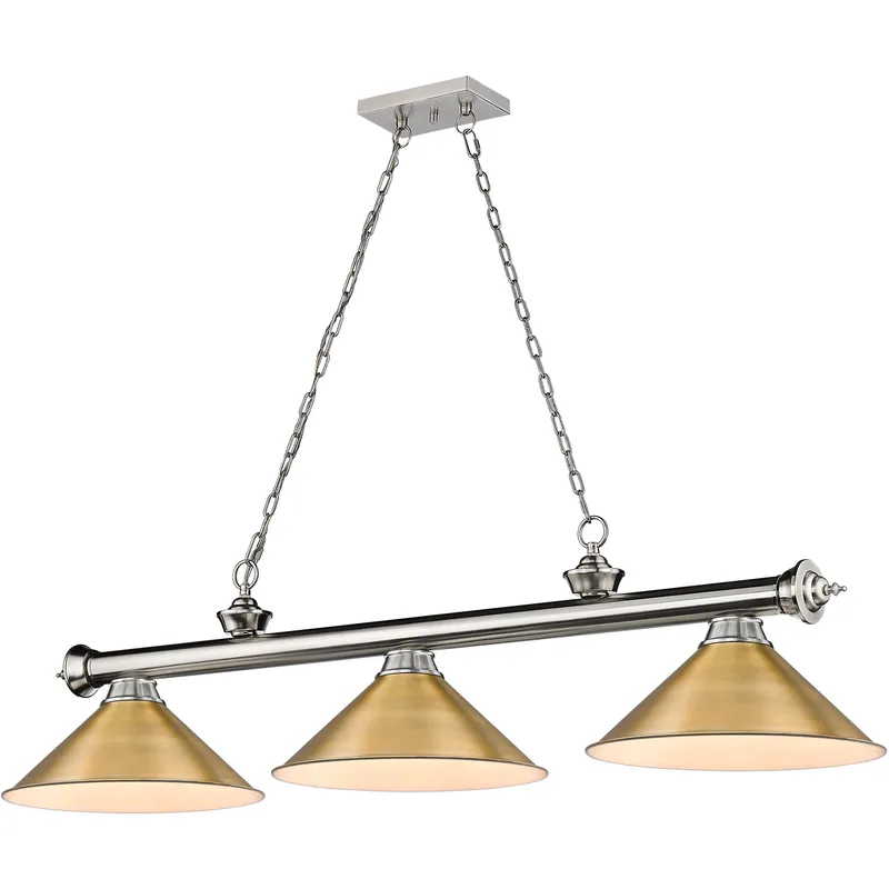 Cordon 3 Light 57.25 inch Brushed Nickel Billiard Ceiling Light in Rubbed Brass Metal