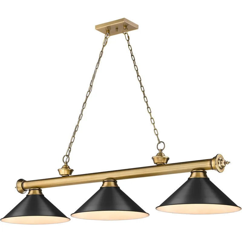 Cordon 3 Light 57.25 inch Rubbed Brass Billiard Ceiling Light in Matte Black Steel