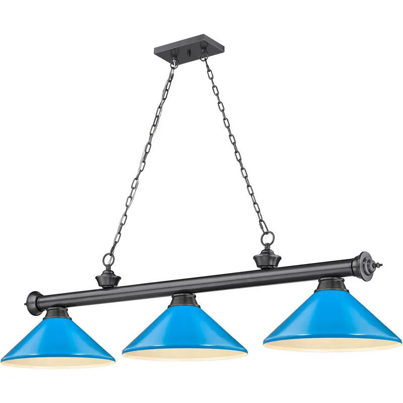 Cordon 3 Light 58 inch Bronze Plate Billiard Ceiling Light in Electric Blue Steel