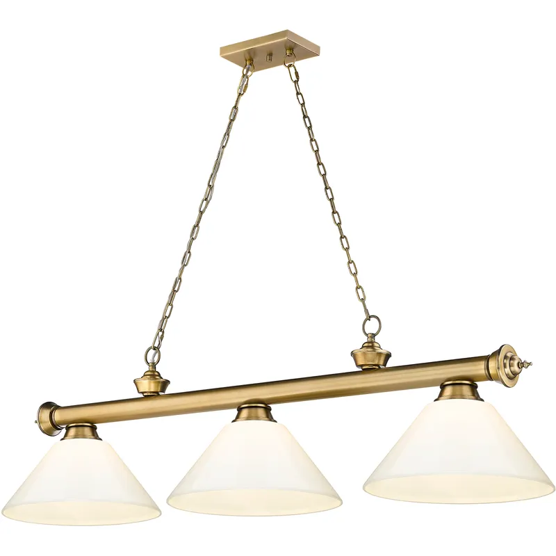 Cordon 3 Light 57.25 inch Rubbed Brass Billiard Ceiling Light in White Plastic